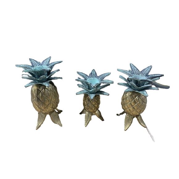 3 Brass Pineapple Candlestick Holders Vintage Bohemian Retro Heavy - Picture 1 of 16